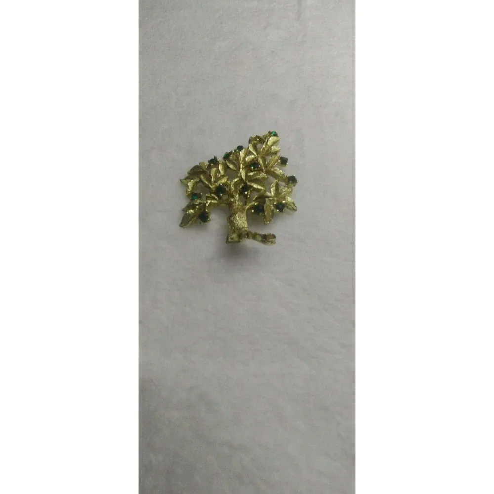 Dodds‎ Vintage Tree of Life Brooch Gold Tone Emerald Green Rhinestone Pin